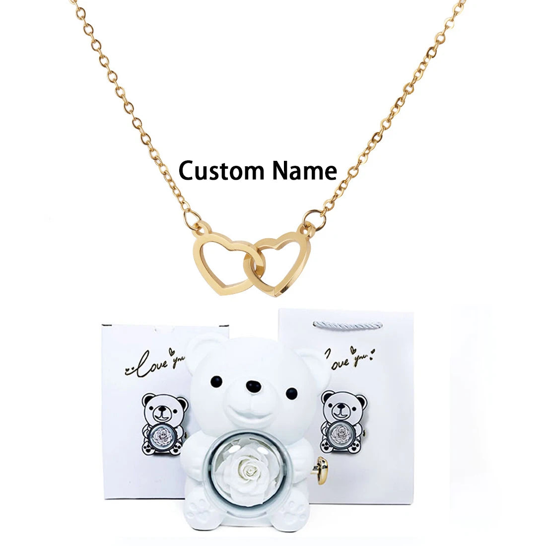 Custom Double Heart Necklace & Luxury Bear Rose Gift Box - Image 13