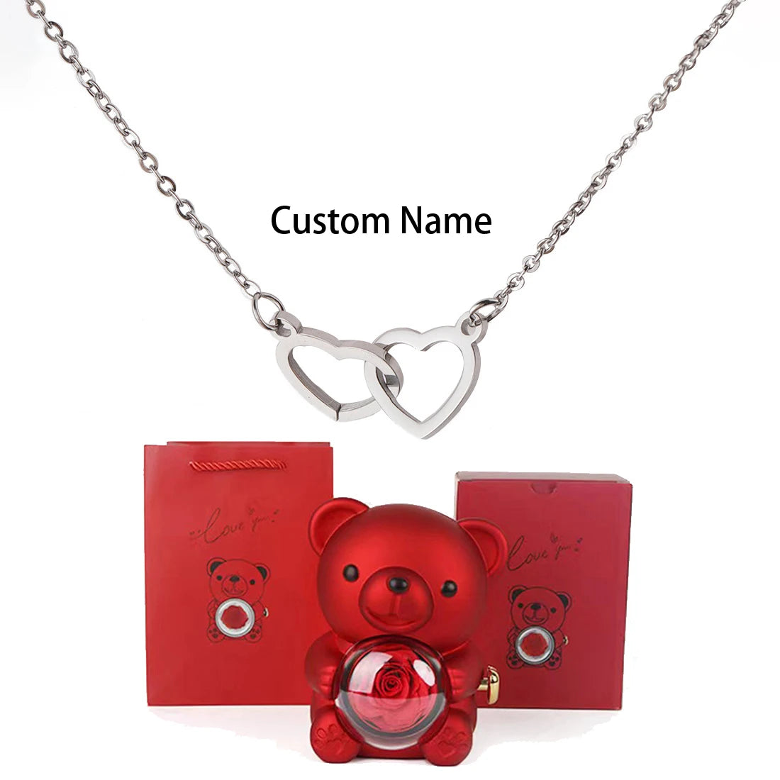 Custom Text Double Love Heart Eternal Necklace – With Luxury Bear & Rose Gift Box for Women - Image 19