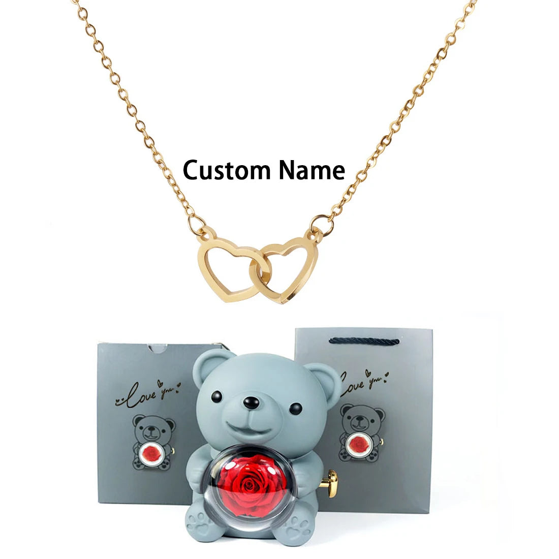 Custom Double Heart Necklace & Luxury Bear Rose Gift Box - Image 19