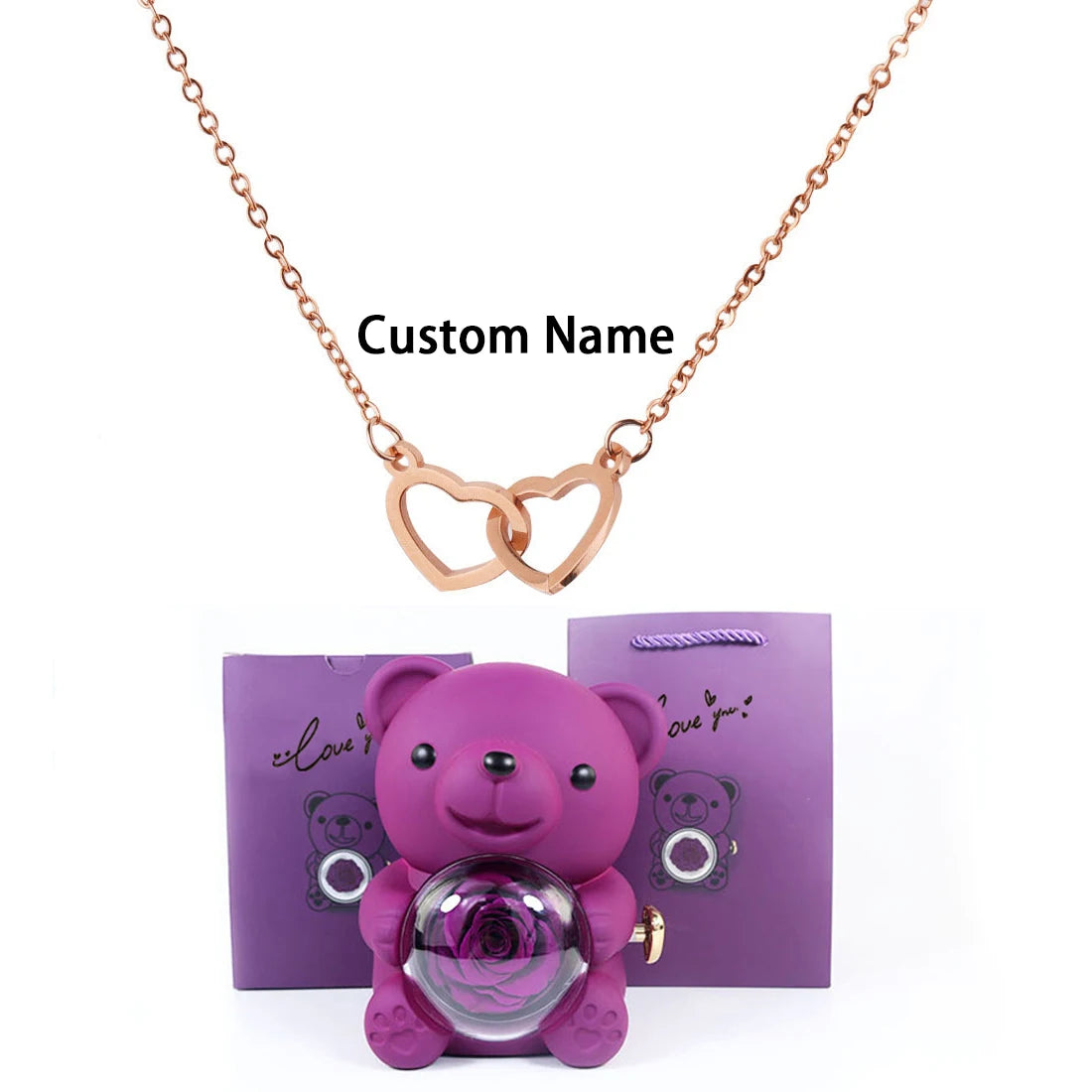 Custom Text Double Love Heart Eternal Necklace – With Luxury Bear & Rose Gift Box for Women - Image 24