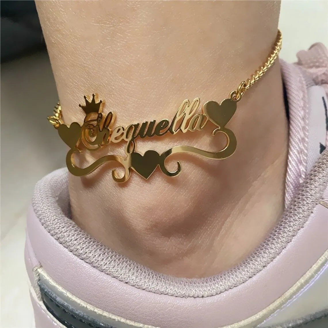 Custom Crown Heart Name Anklet – Gold Stainless Steel Personalized Jewelry for Women