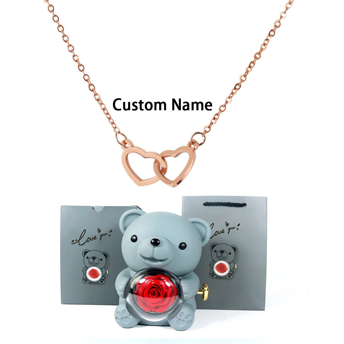 Custom Double Heart Necklace & Luxury Bear Rose Gift Box - Image 12
