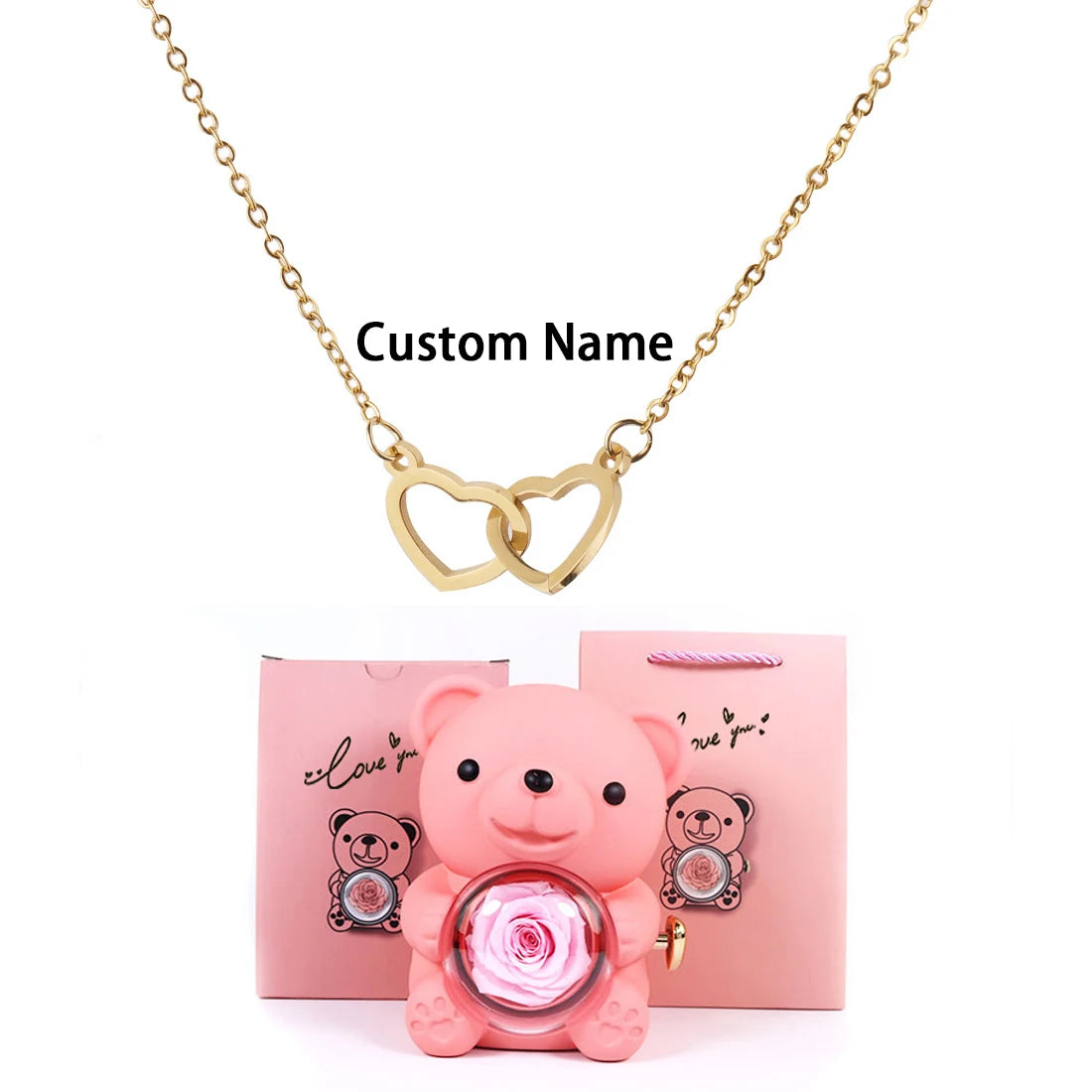 Custom Double Heart Necklace & Luxury Bear Rose Gift Box - Image 24