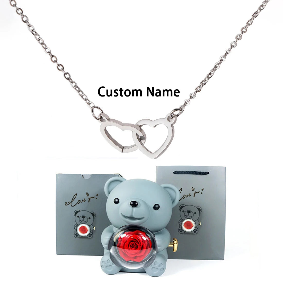 Custom Double Heart Necklace & Luxury Bear Rose Gift Box - Image 17