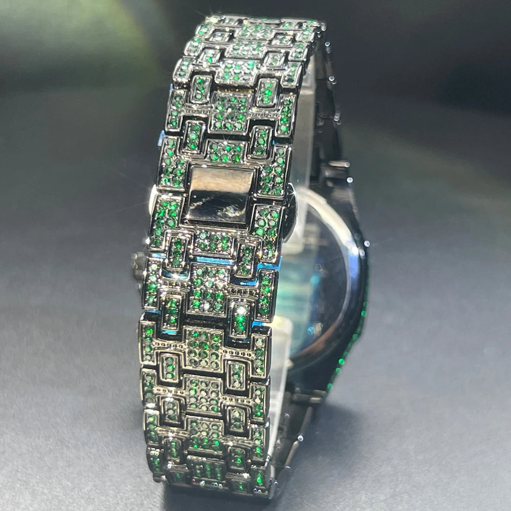 2024 Hip Hop Green Diamond Watch – Men's Fashion Square Quartz Wristwatch with Iced-Out Design - Image 5