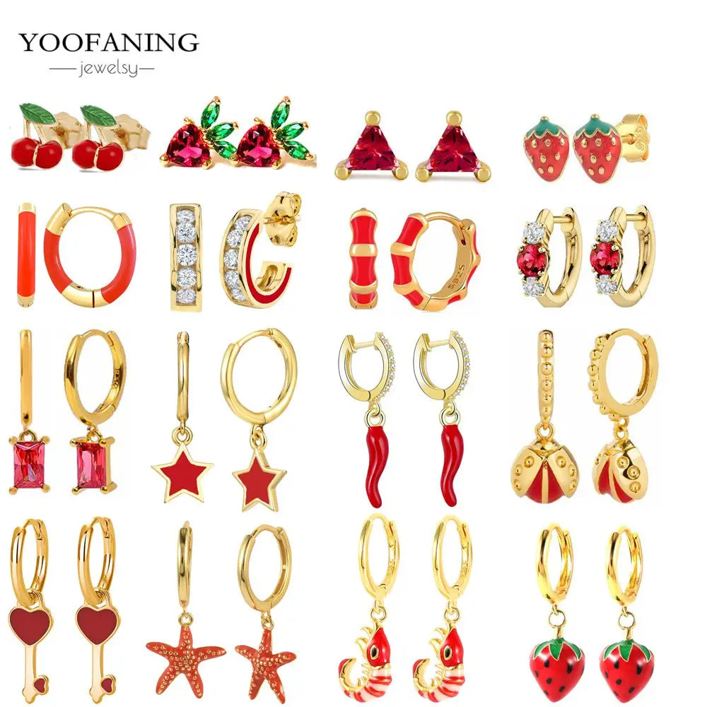 925 Sterling Silver Red Series Hoop Earrings – Red Zircon Love, Strawberry & Starfish Design
